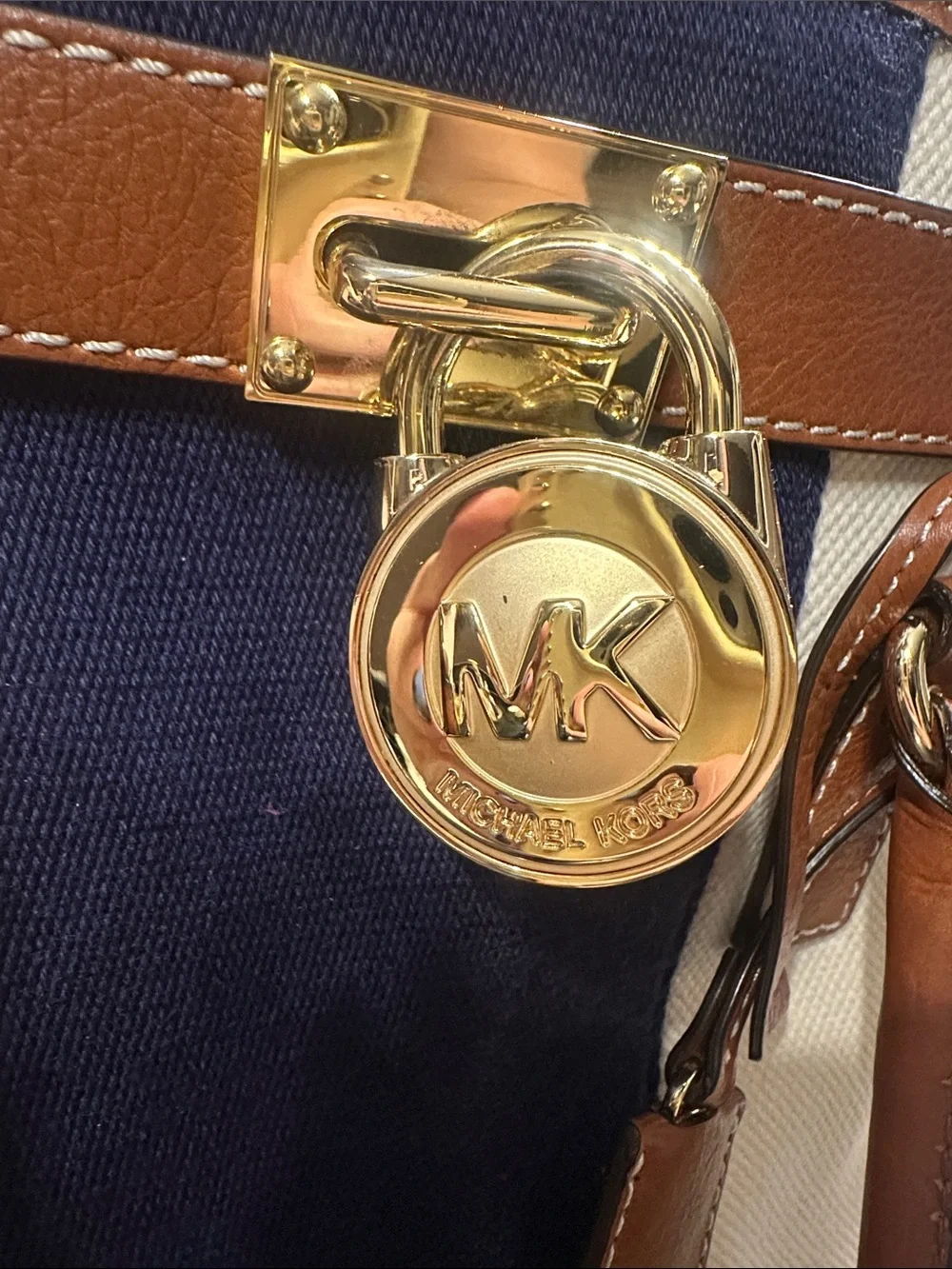 Michael Kors Cream Canvas Satchel with Navy Stripe and Brown Leather Trim